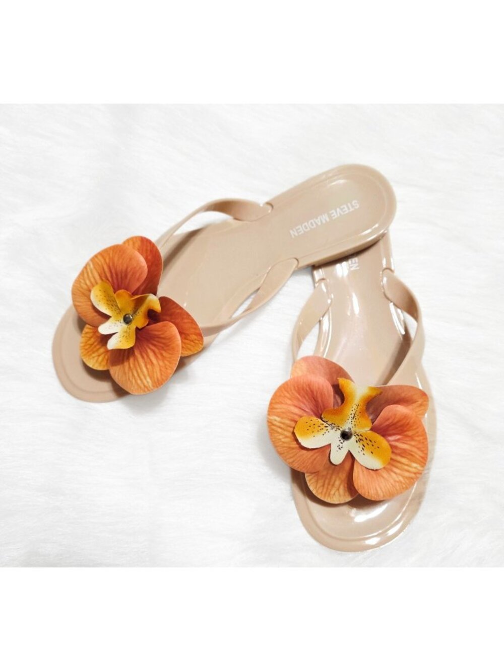 Steve Madden Poppyseed Floral Jelly Sandals Tan Orange Flower Slip On Size 8